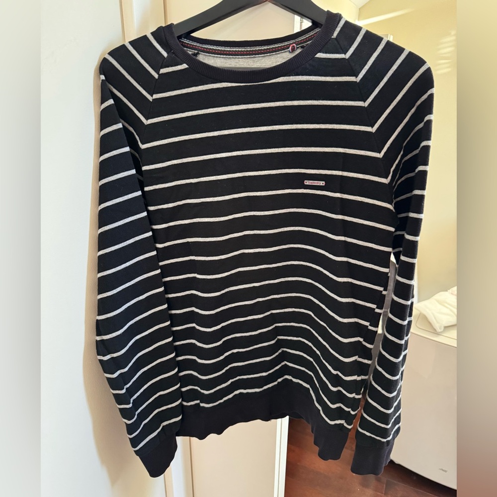 Superdry Men's Black and Gray Striped Crewneck Sweater/ 100% cotton